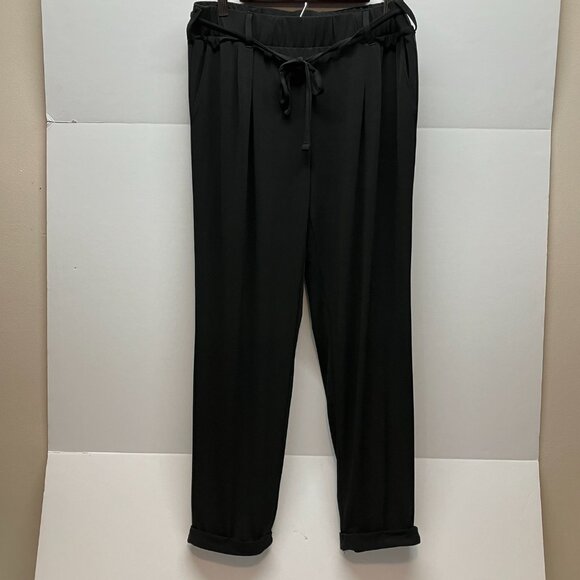 Colleen Lopez Black Dress Cuffed Elastic Waist Belt Tie Pants Slacks Size L - Picture 1 of 5